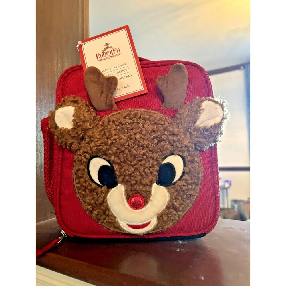 School Pottery barn Christmas holiday RUDOLPH LUNCH BOX BAG+Utensil gift pre /